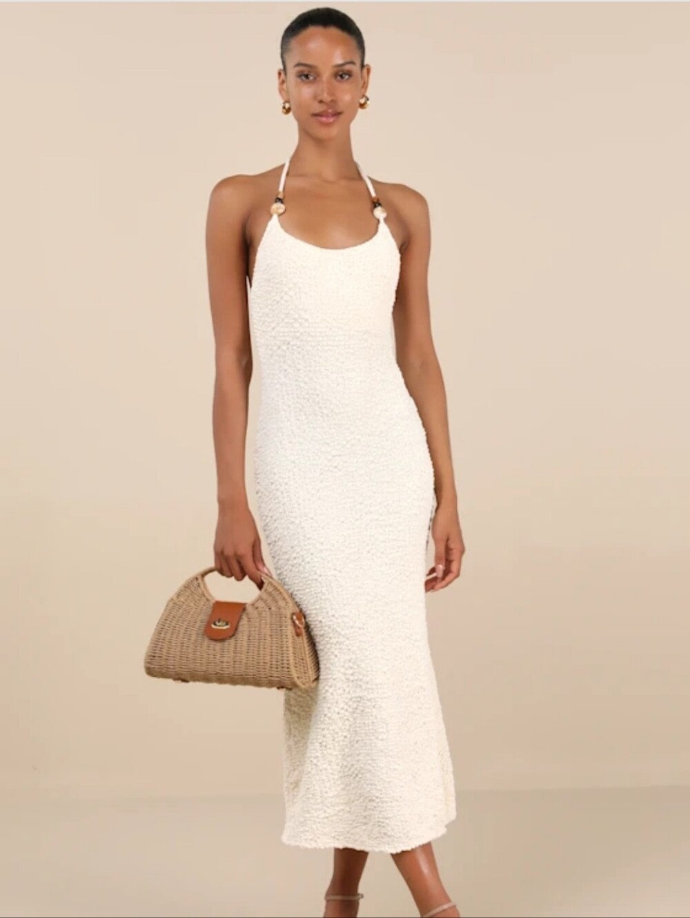 NWT- Lulus Meike Cream Textured Knit Beaded Halter Midi Dress White - Size S - Picture 2 of 3